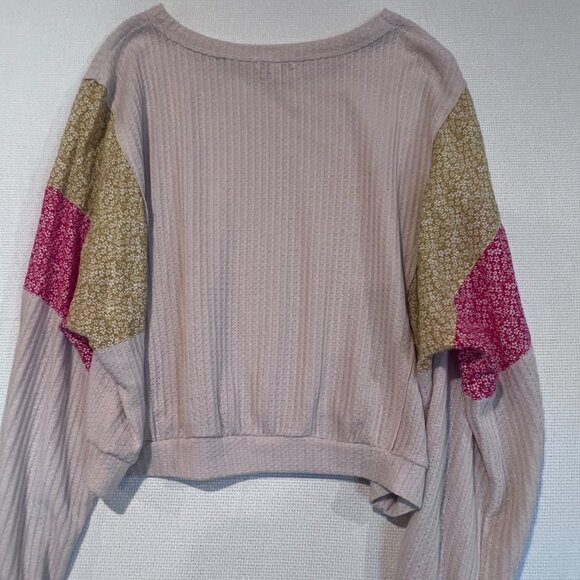 Ivy May Waffle Knit Boho Top M Oversized Patchwork Sleeves Floral Colorblock - Picture 7 of 9